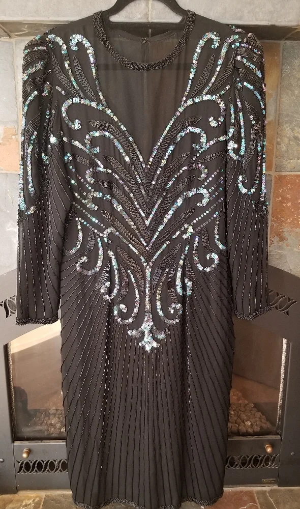 AJ Bari Beaded Silk Formal Dress With Illusion Neck and Long Sleeves Midi Length
